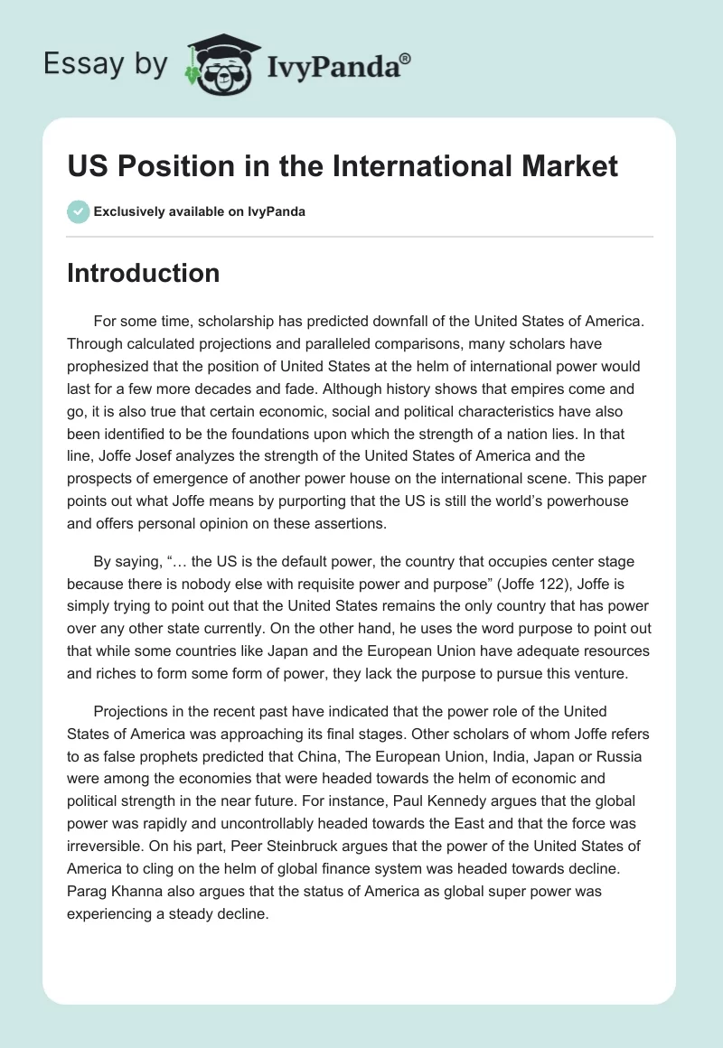 US Position in the International Market. Page 1
