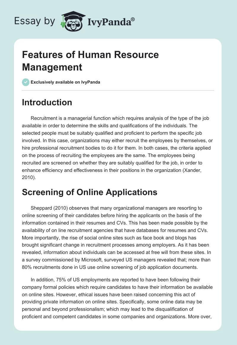 Features of Human Resource Management. Page 1
