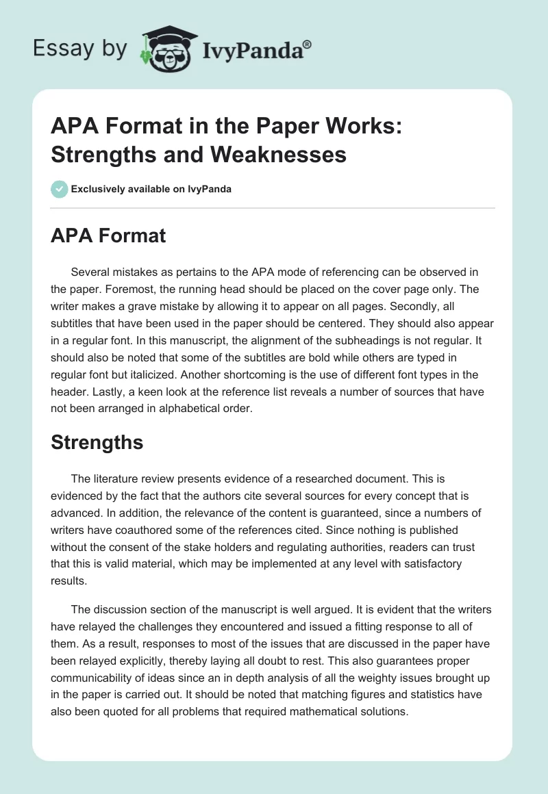 APA Format in the Paper Works: Strengths and Weaknesses. Page 1