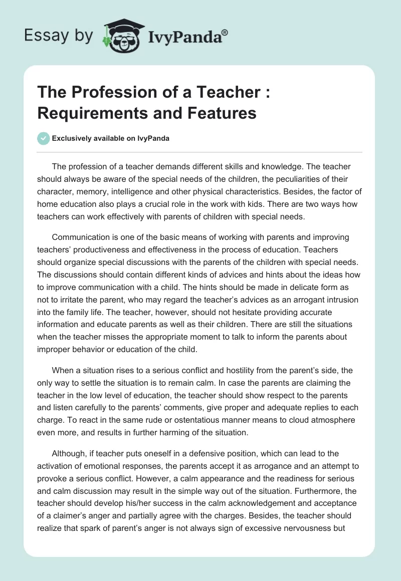 The Profession of a Teacher : Requirements and Features. Page 1