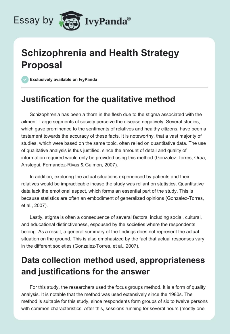 Schizophrenia and Health Strategy Proposal. Page 1
