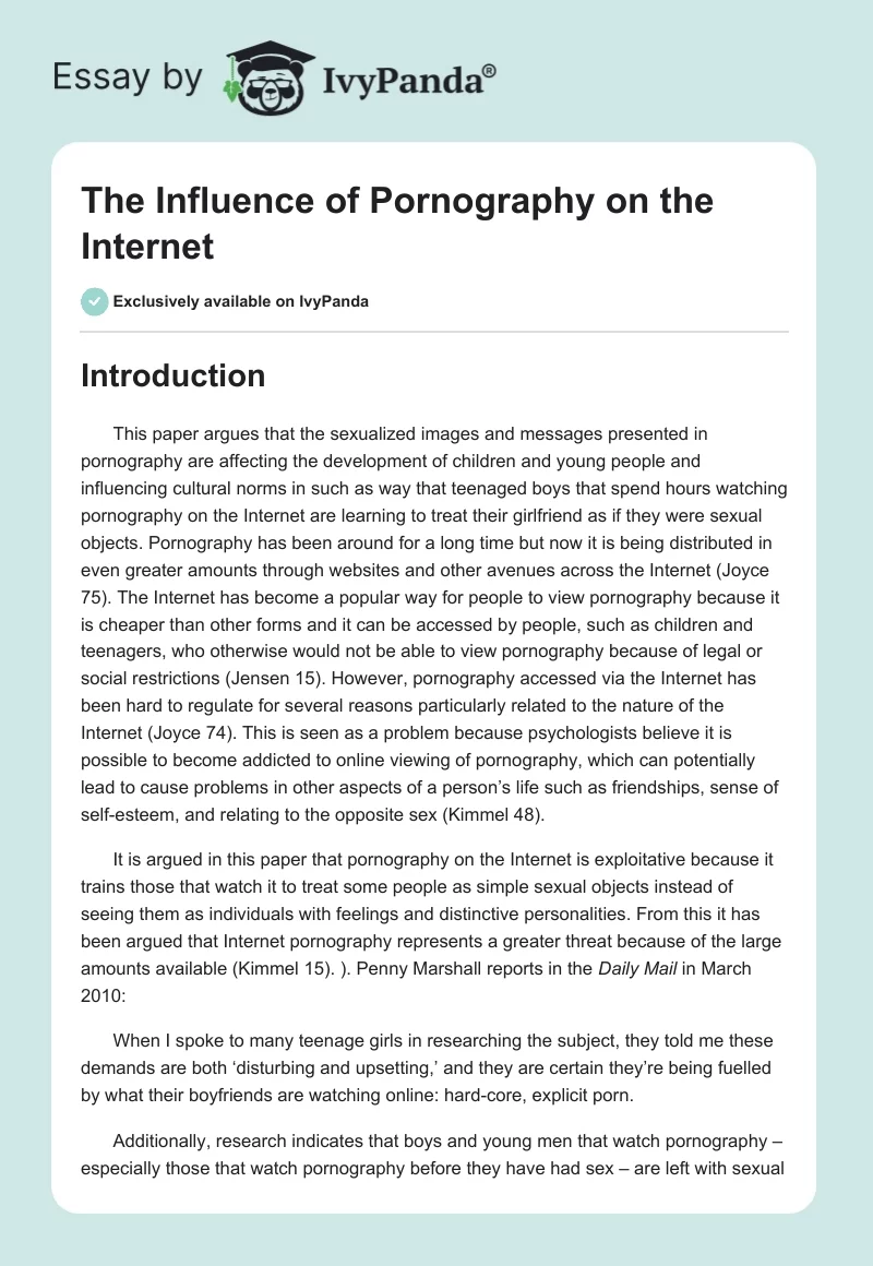 The Influence of Pornography on the Internet - 584 Words | Essay Example