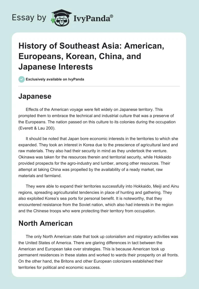 History of Southeast Asia: American, Europeans, Korean, China, and Japanese Interests. Page 1