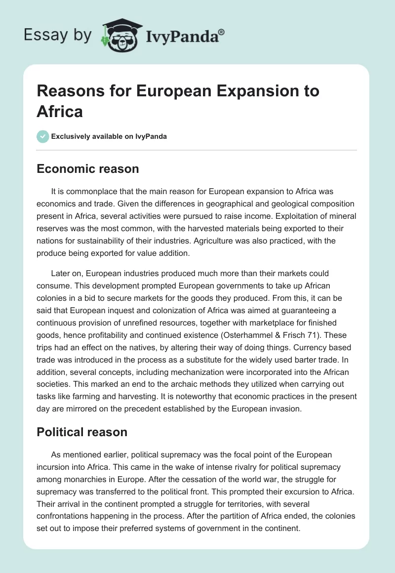 Reasons for European Expansion to Africa. Page 1