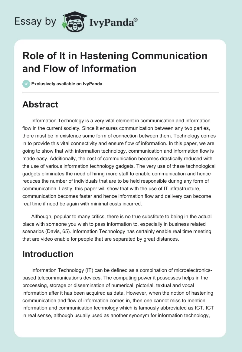 Role of It in Hastening Communication and Flow of Information. Page 1