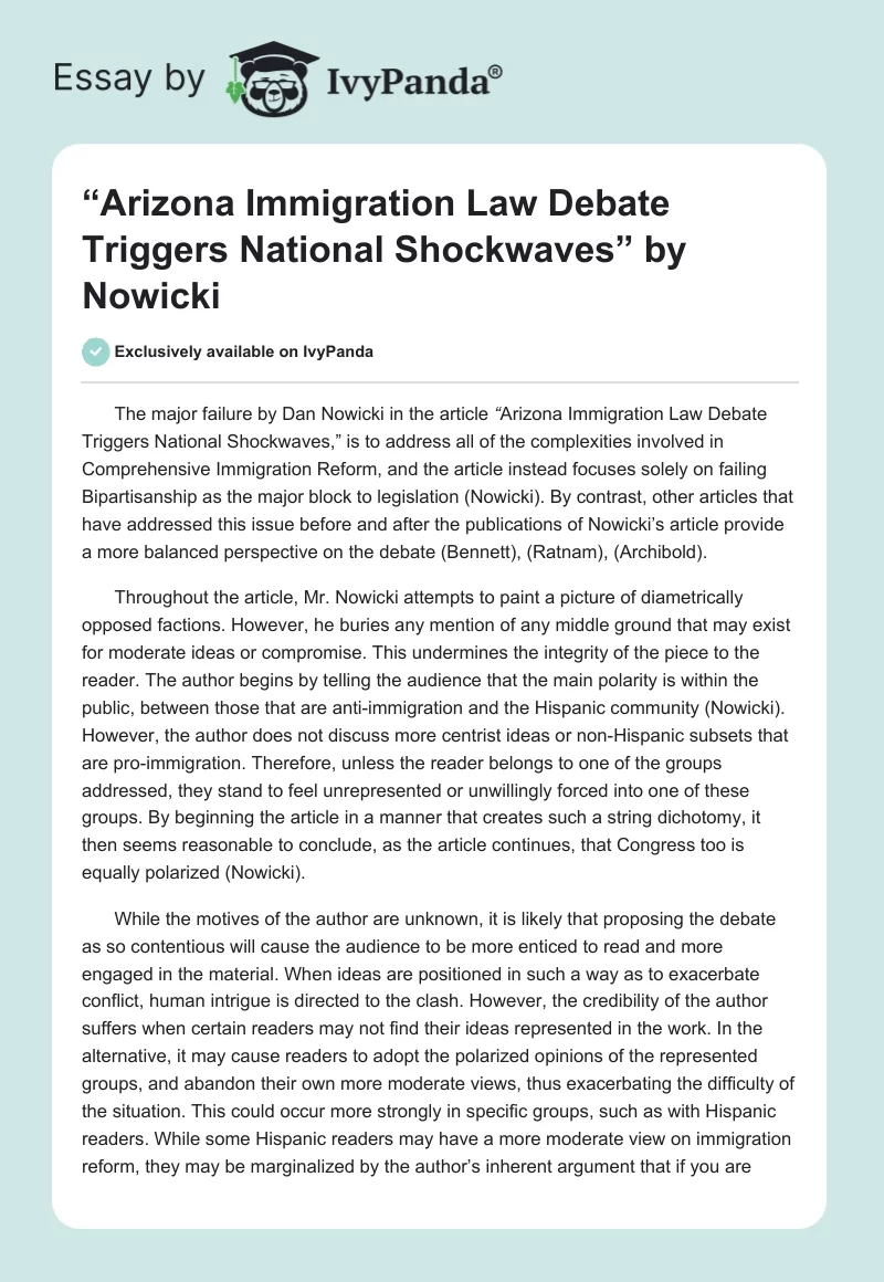 “Arizona Immigration Law Debate Triggers National Shockwaves” by Nowicki. Page 1