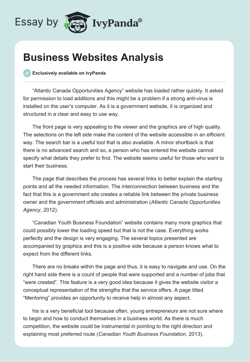 Business Websites Analysis. Page 1