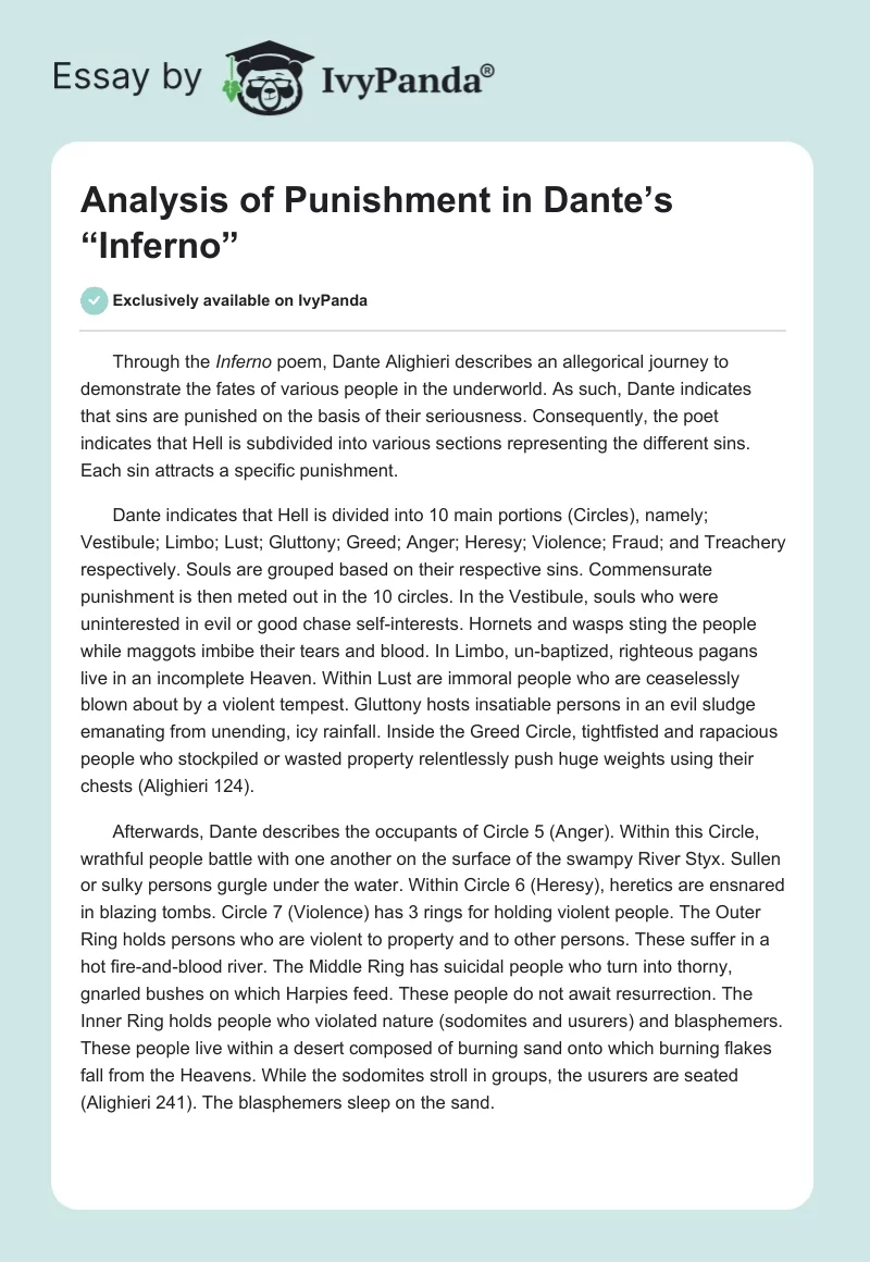 Analysis of Punishment in Dante’s “Inferno”. Page 1