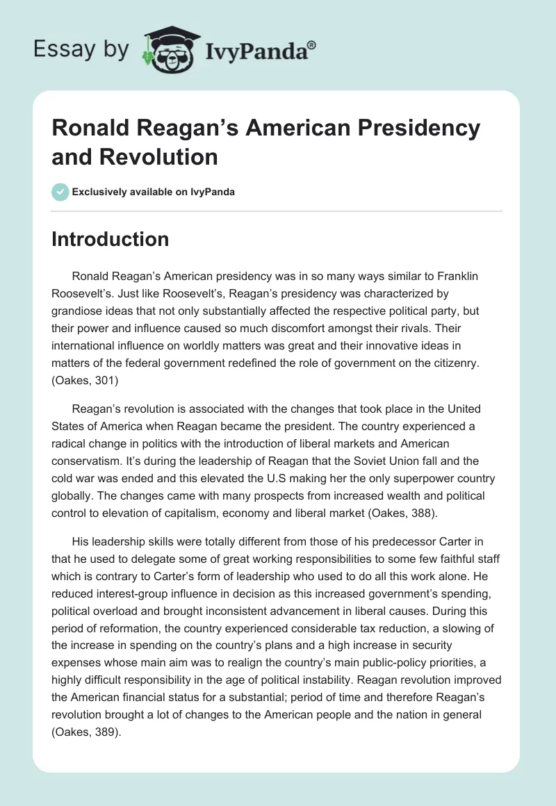 Ronald Reagan’s American Presidency and Revolution. Page 1