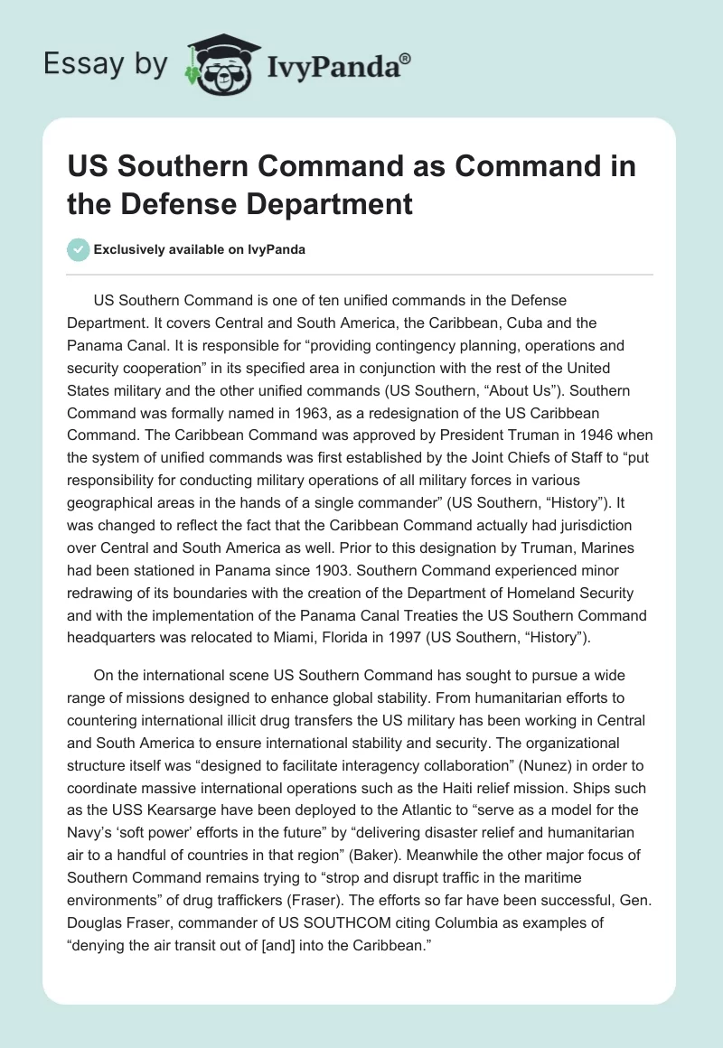 US Southern Command as Command in the Defense Department. Page 1