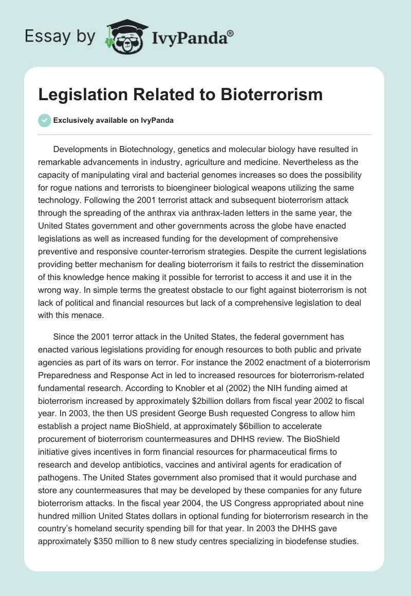 Legislation Related to Bioterrorism. Page 1