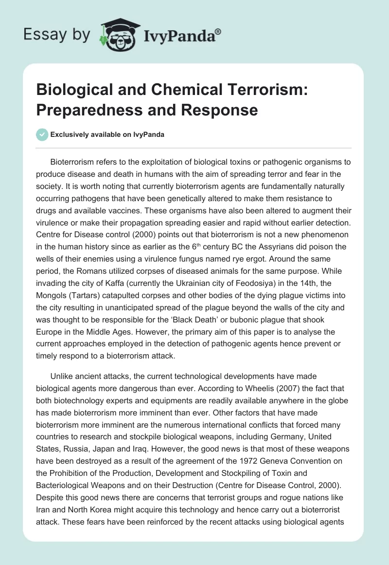 Biological and Chemical Terrorism: Preparedness and Response. Page 1
