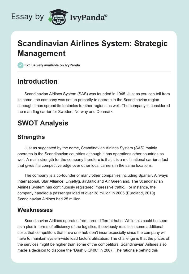 Scandinavian Airlines System: Strategic Management. Page 1
