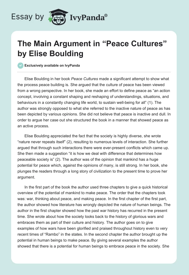 The Main Argument in “Peace Cultures” by Elise Boulding. Page 1