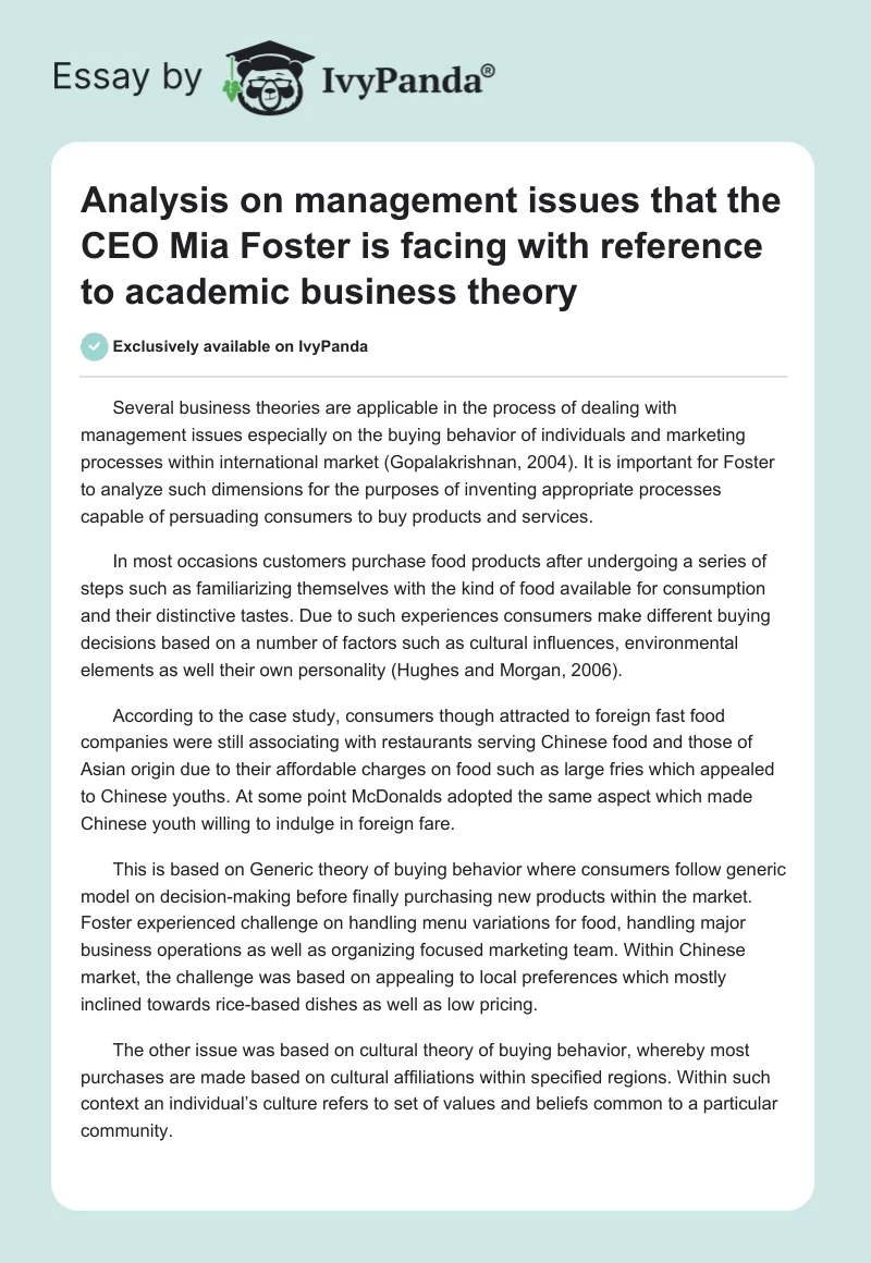Analysis on management issues that the CEO Mia Foster is facing with reference to academic business theory. Page 1