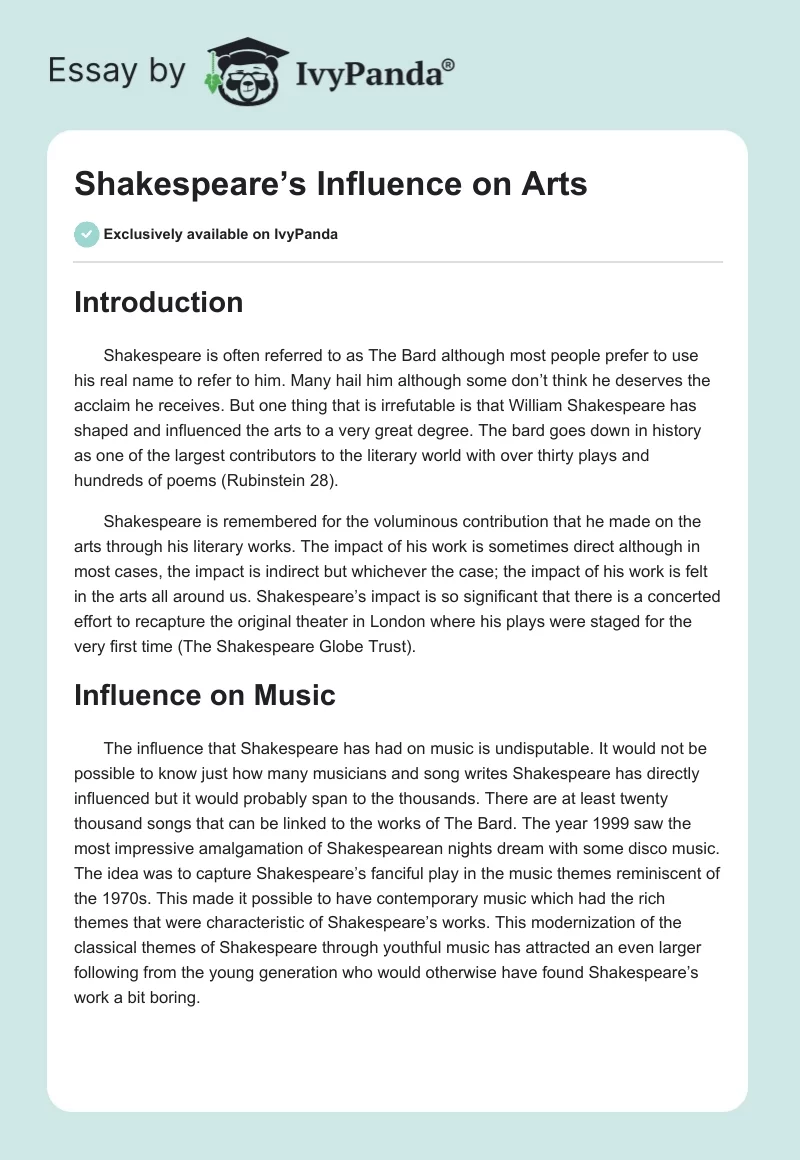 Shakespeare’s Influence on Arts. Page 1
