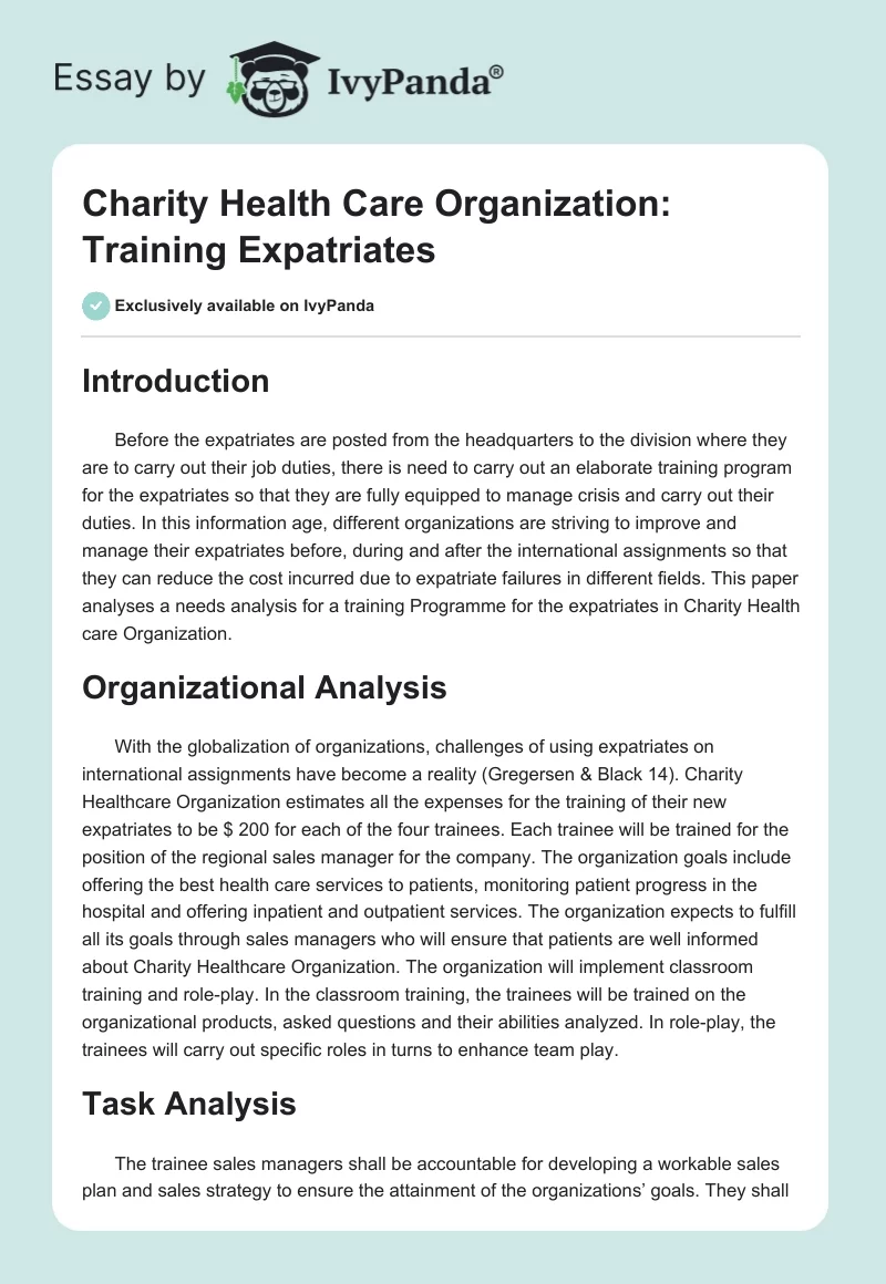 Charity Health Care Organization: Training Expatriates. Page 1