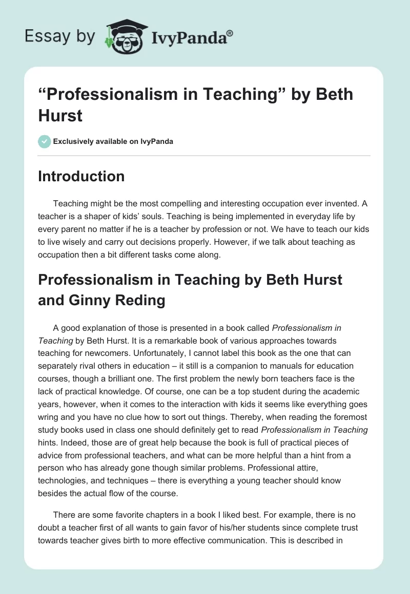 “Professionalism in Teaching” by Beth Hurst. Page 1