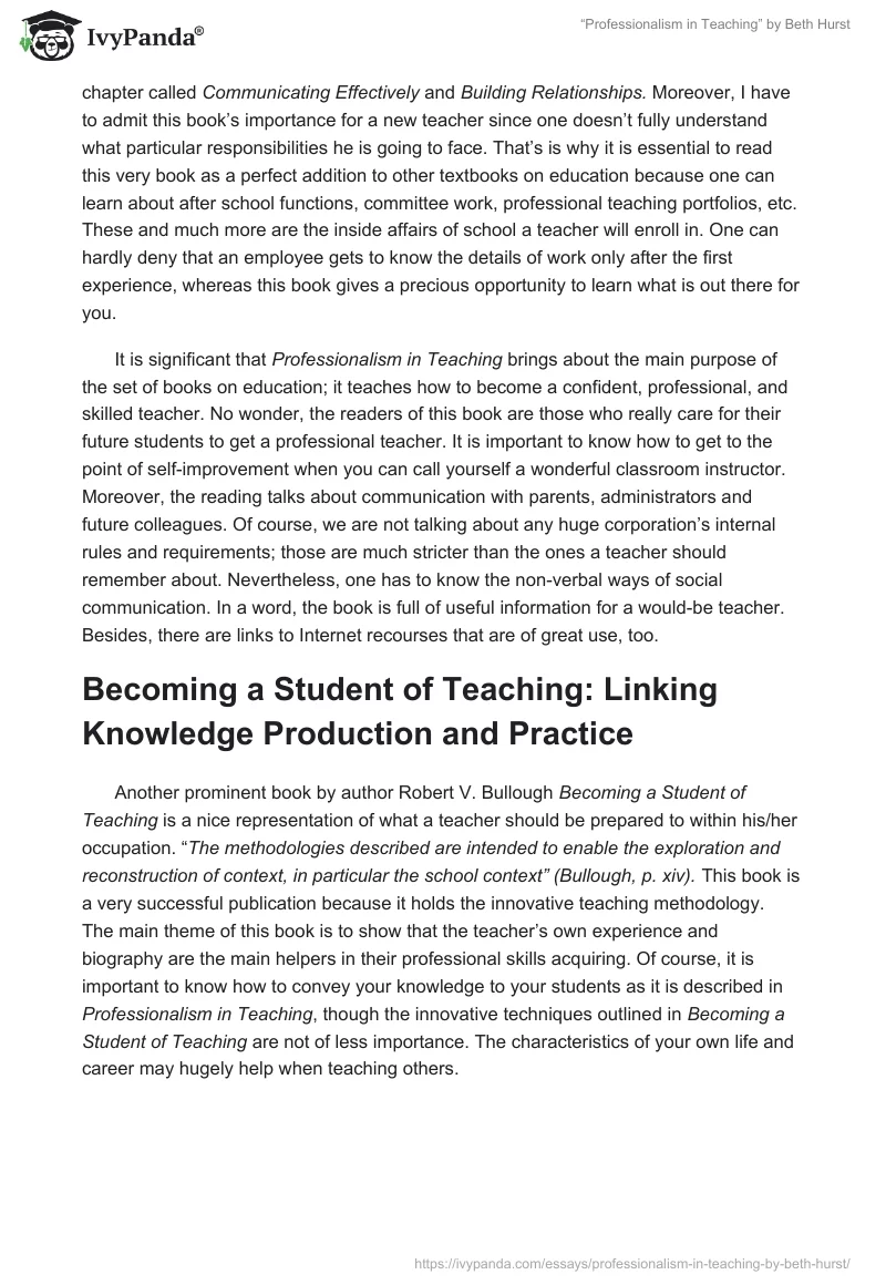 “Professionalism in Teaching” by Beth Hurst. Page 2