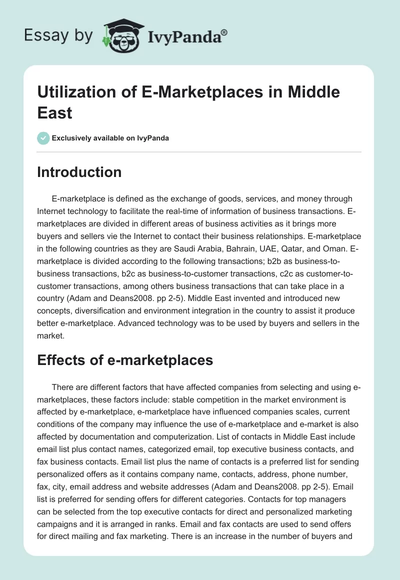 Utilization of E-Marketplaces in Middle East. Page 1