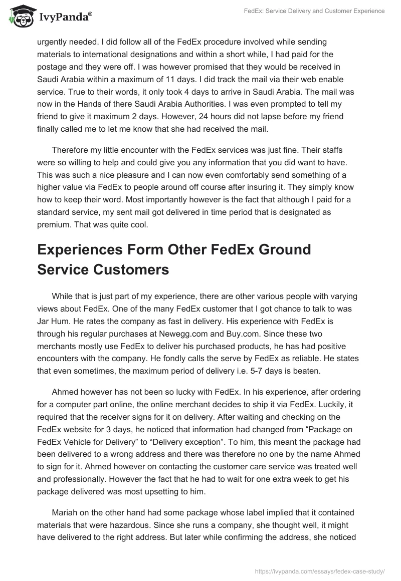 FedEx: Service Delivery and Customer Experience. Page 2