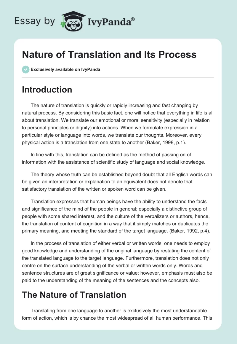 Nature of Translation and Its Process. Page 1