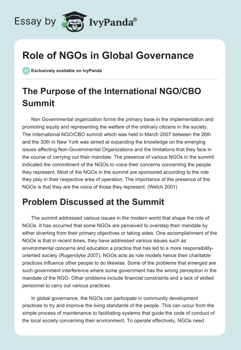 Role of NGOs in Global Governance. Page 1