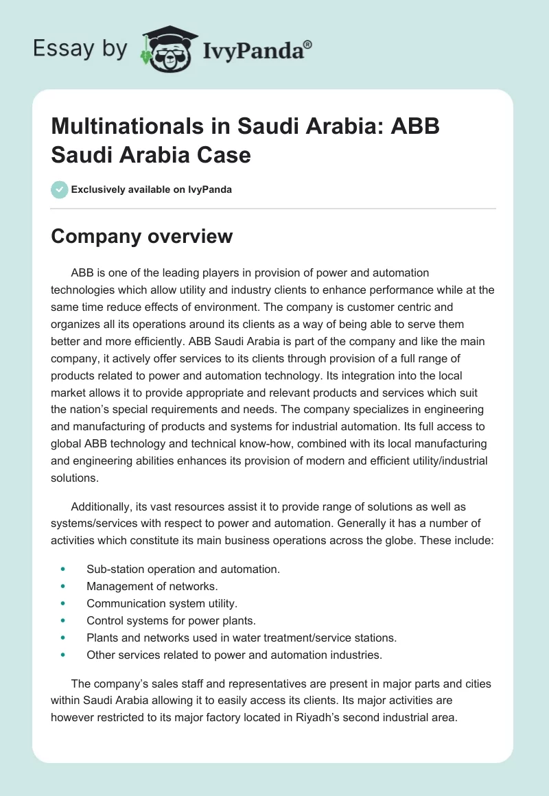 Multinationals in Saudi Arabia: ABB Saudi Arabia Case. Page 1