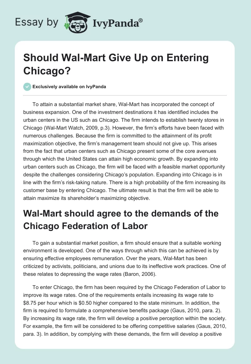 Should Wal-Mart Give Up on Entering Chicago?. Page 1