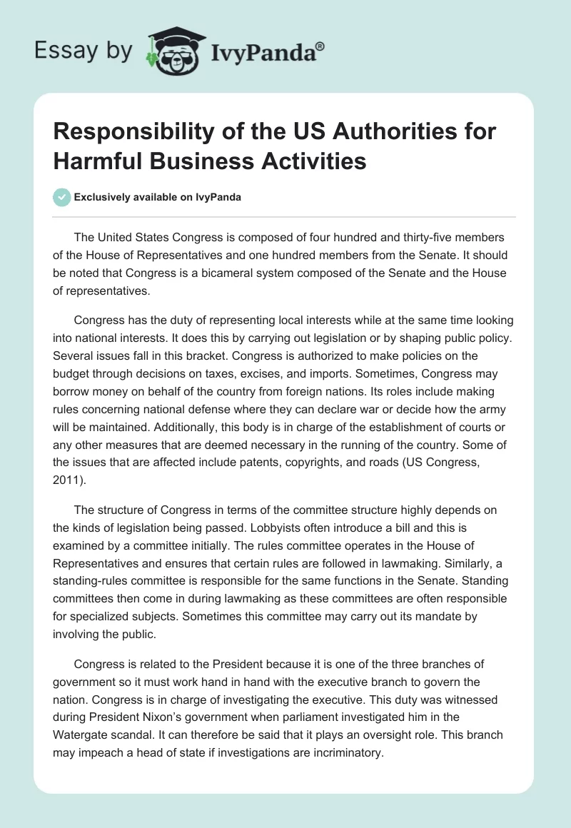 Responsibility of the US Authorities for Harmful Business Activities. Page 1