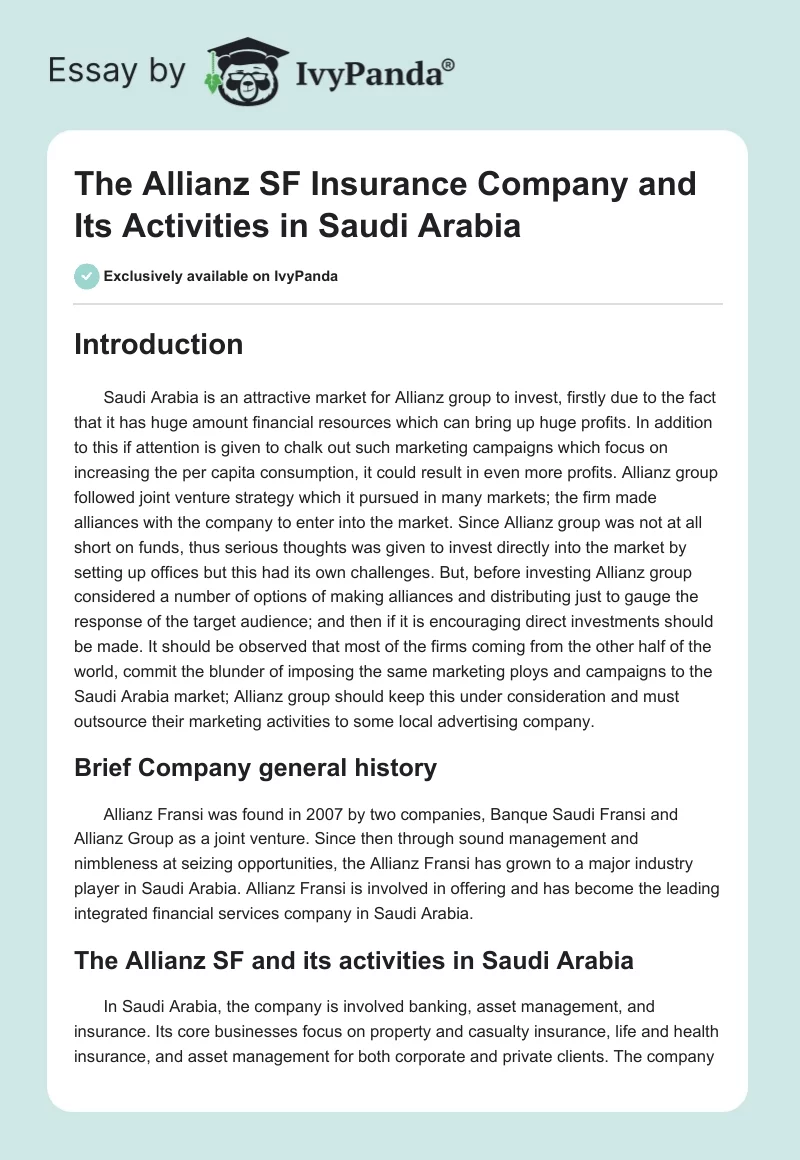 The Allianz SF Insurance Company and Its Activities in Saudi Arabia. Page 1