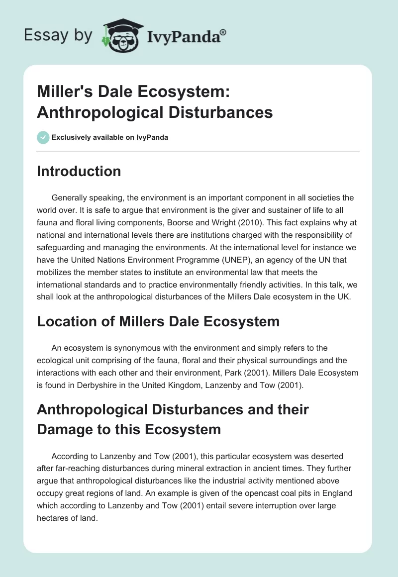 Miller's Dale Ecosystem: Anthropological Disturbances. Page 1