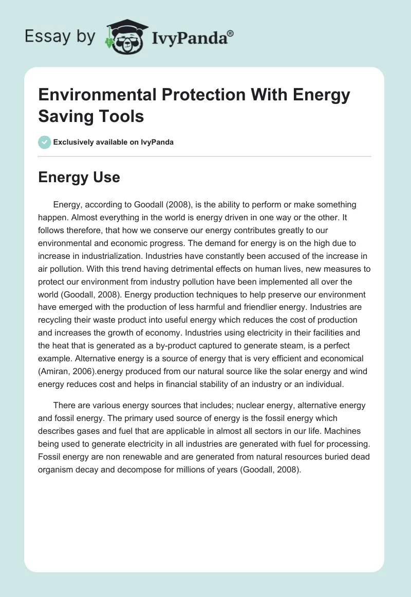 Environmental Protection With Energy Saving Tools. Page 1