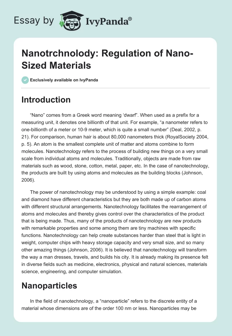 Nanotrchnolody: Regulation of Nano-Sized Materials. Page 1