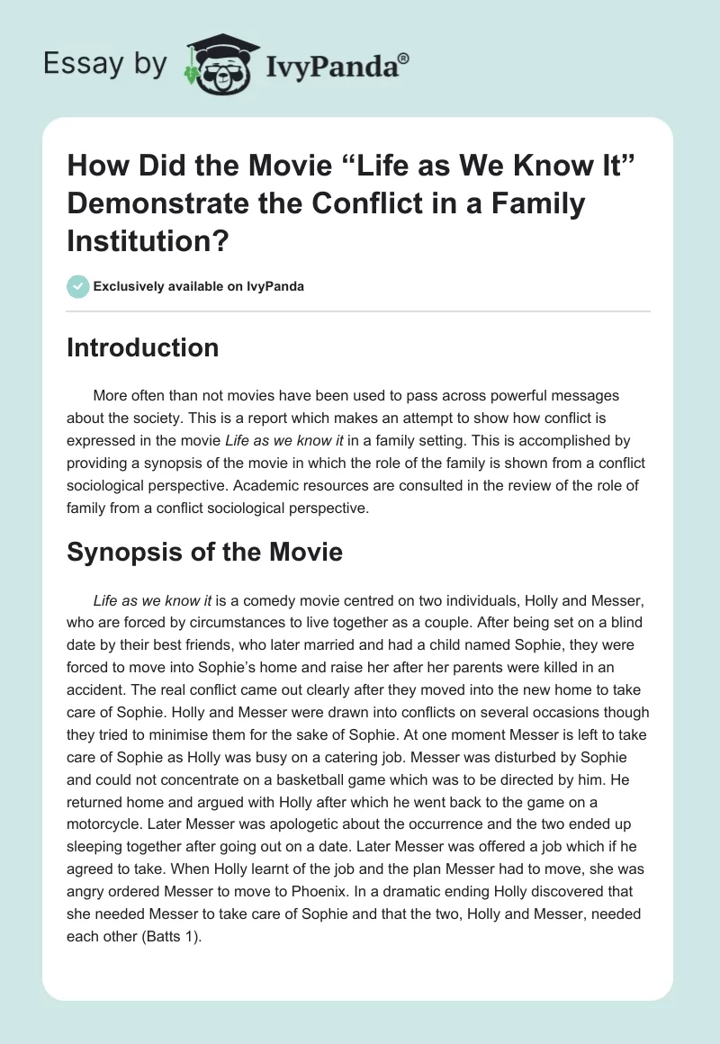 How Did the Movie “Life as We Know It” Demonstrate the Conflict in a Family Institution?. Page 1
