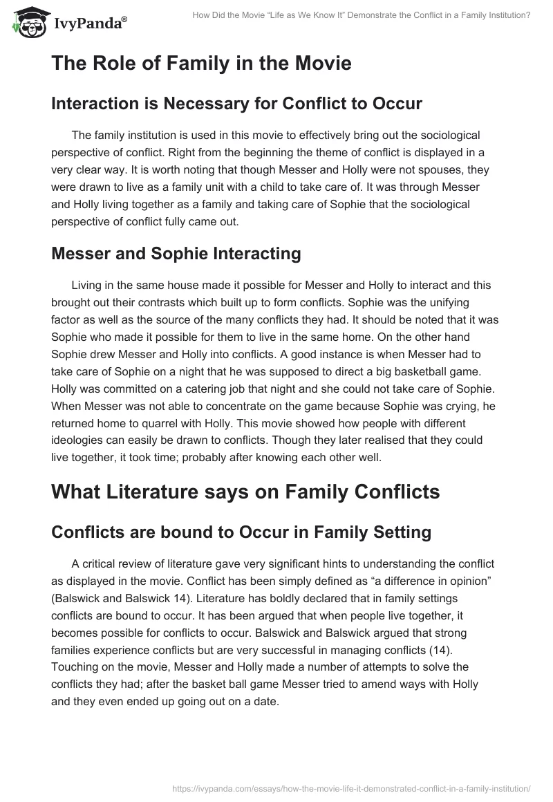 How Did the Movie “Life as We Know It” Demonstrate the Conflict in a Family Institution?. Page 2