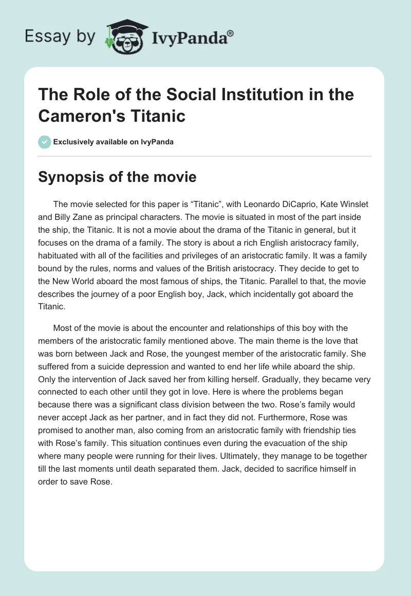 The Role of the Social Institution in the Cameron's "Titanic". Page 1