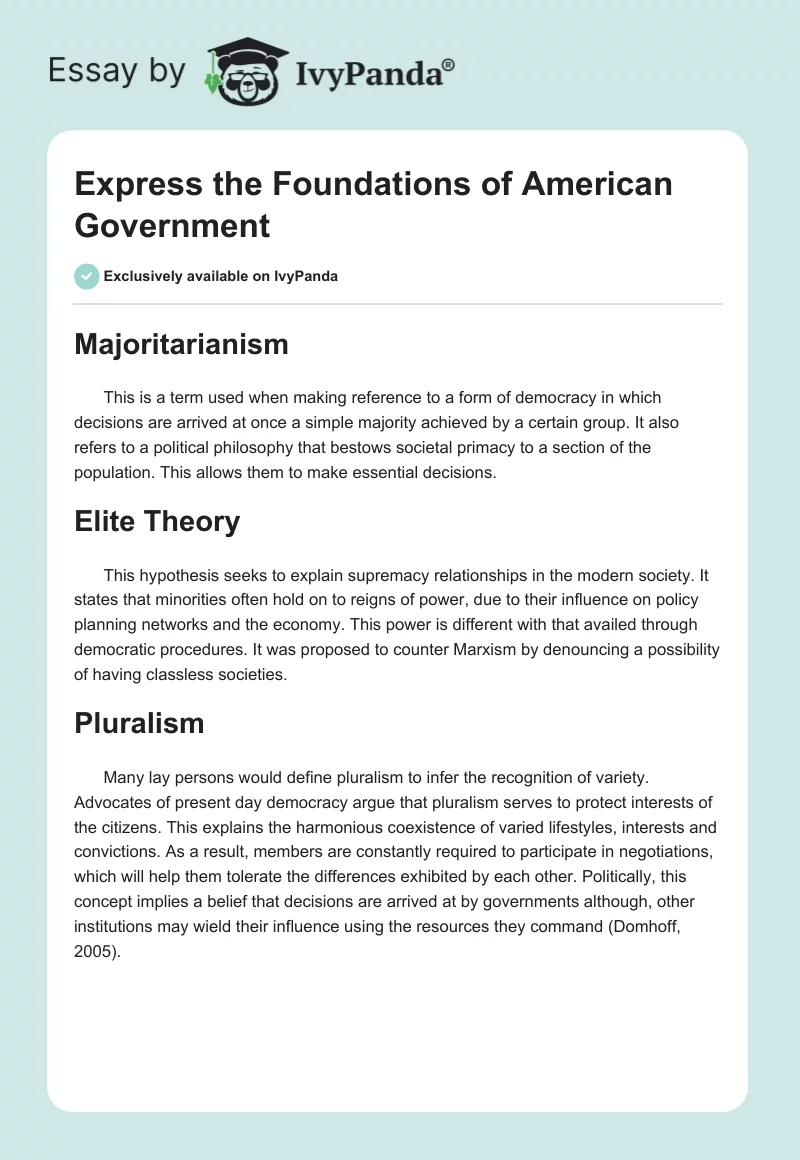 Express the Foundations of American Government. Page 1
