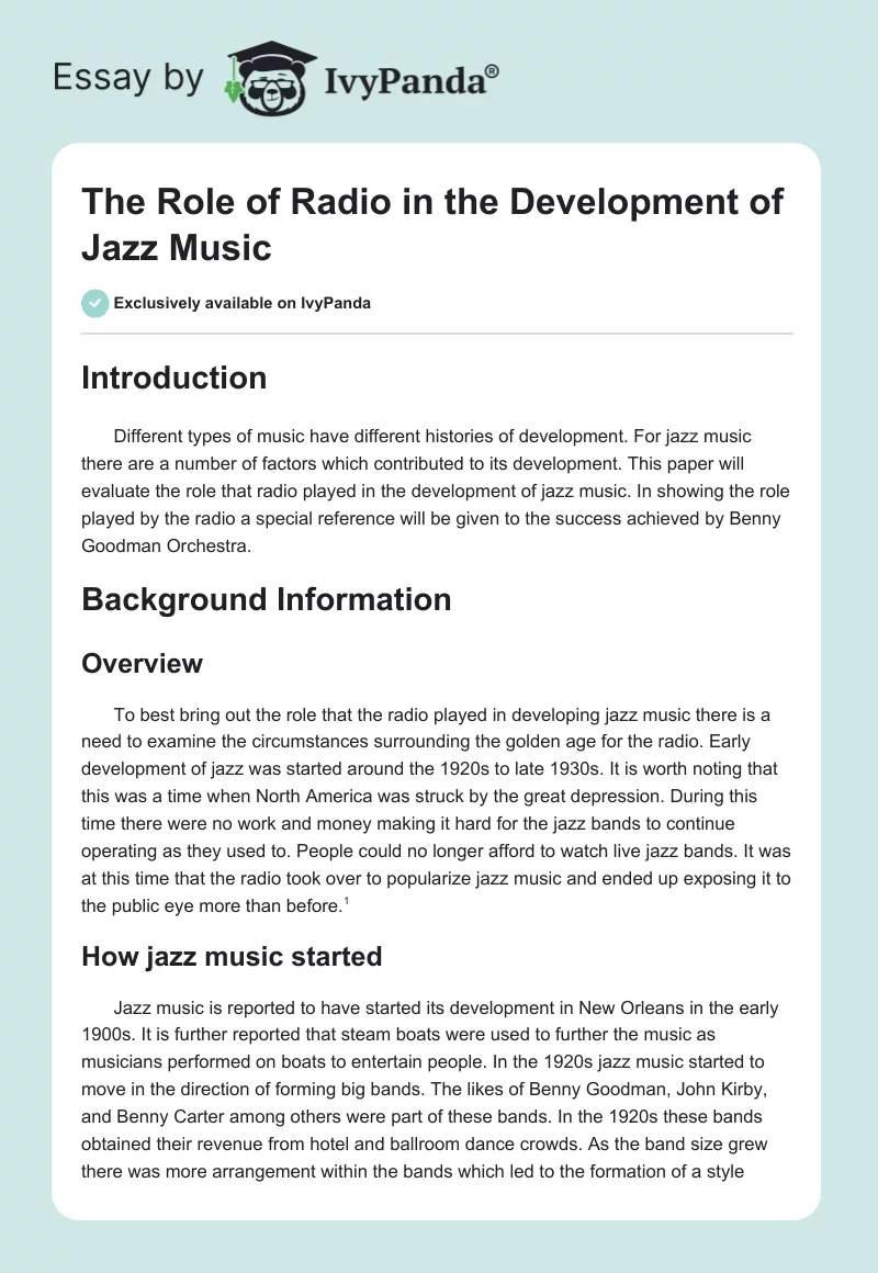 The Role of Radio in the Development of Jazz Music. Page 1