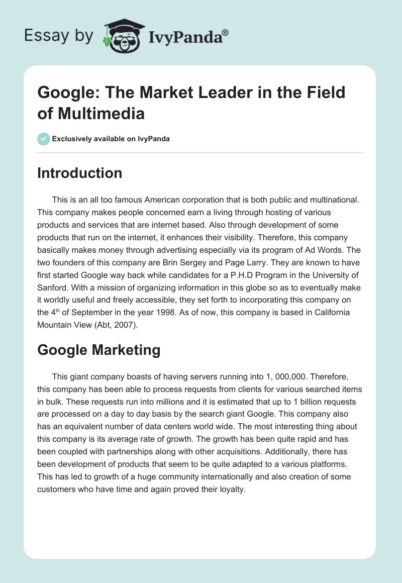 Google: The Market Leader in the Field of Multimedia. Page 1