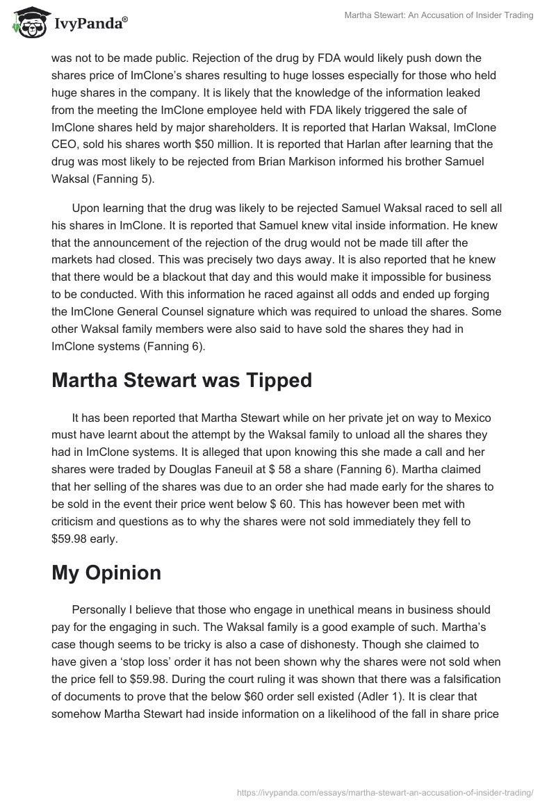 Martha Stewart: An Accusation of Insider Trading. Page 2