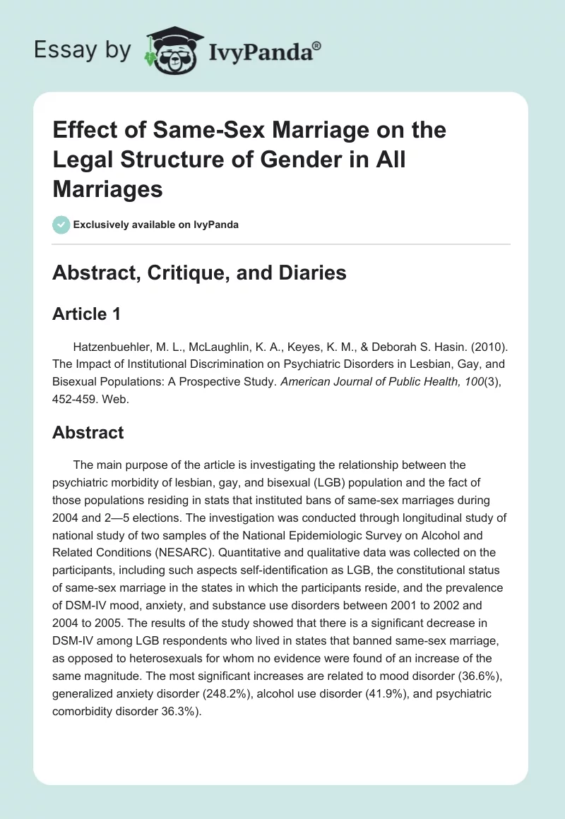 Effect of Same-Sex Marriage on the Legal Structure of Gender in All Marriages. Page 1