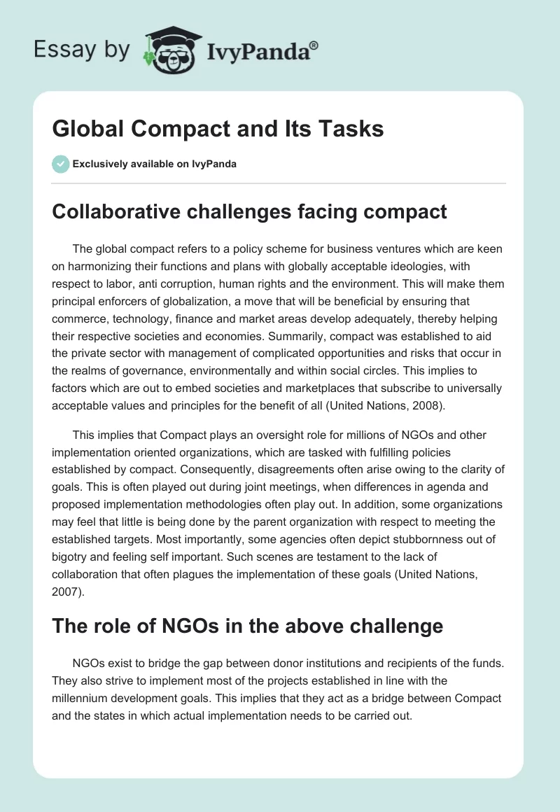 Global Compact and Its Tasks. Page 1