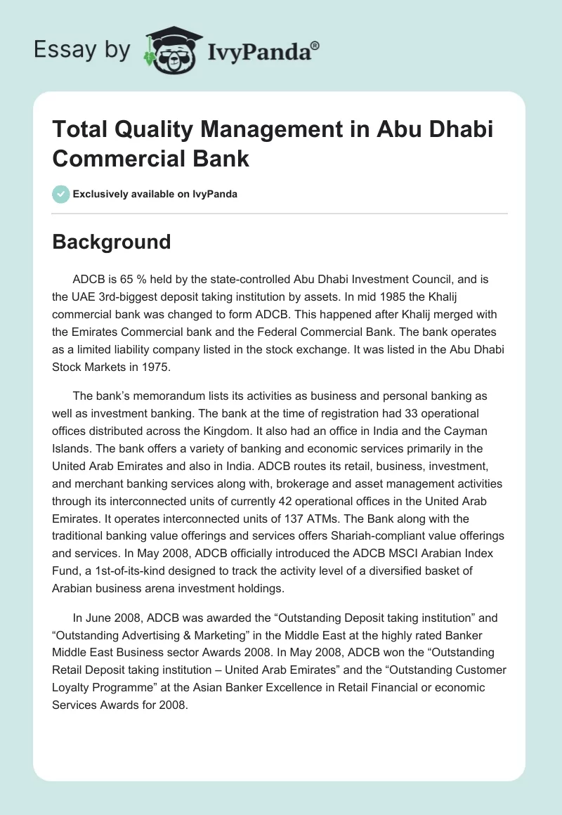 Total Quality Management in Abu Dhabi Commercial Bank. Page 1