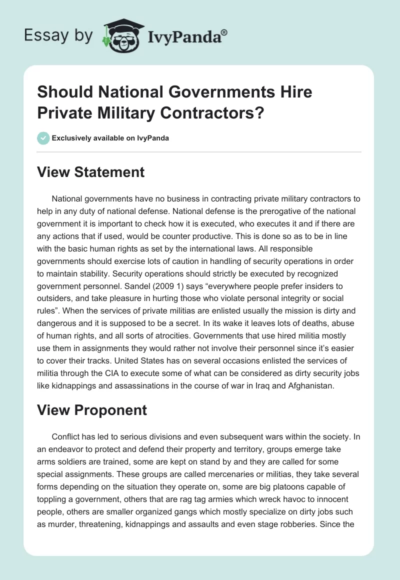 Should National Governments Hire Private Military Contractors?. Page 1
