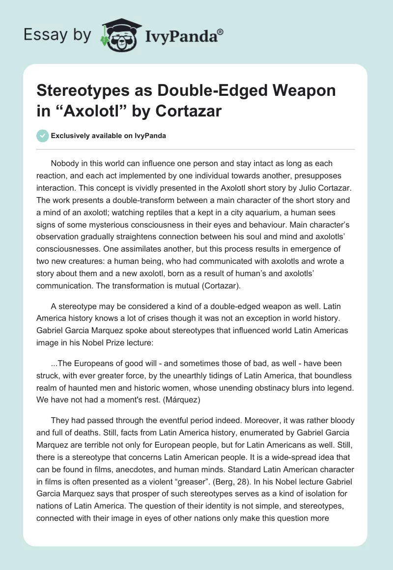 Stereotypes as Double-Edged Weapon in “Axolotl” by Cortazar. Page 1