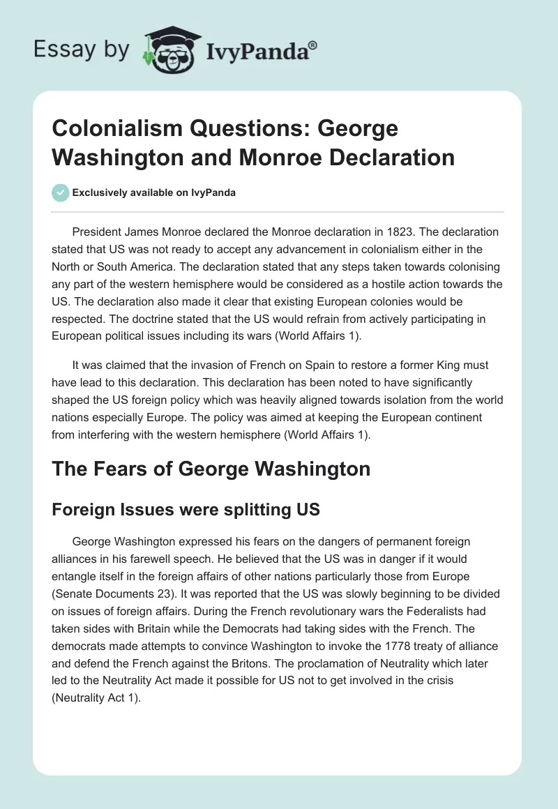 Colonialism Questions: George Washington and Monroe Declaration. Page 1