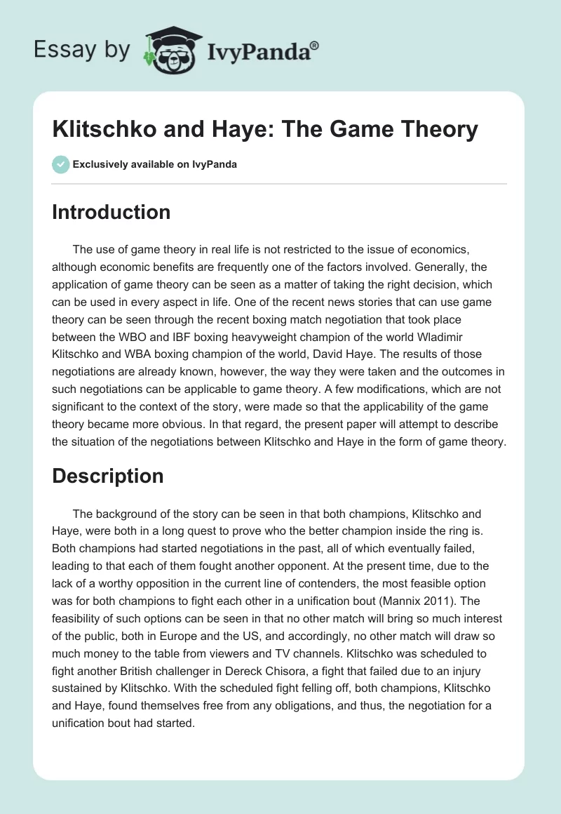 Klitschko and Haye: The Game Theory. Page 1