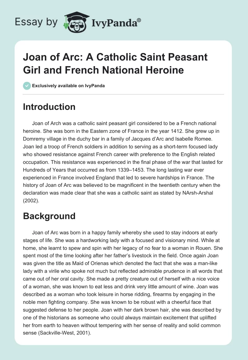 Joan of Arc: A Catholic Saint Peasant Girl and French National Heroine. Page 1