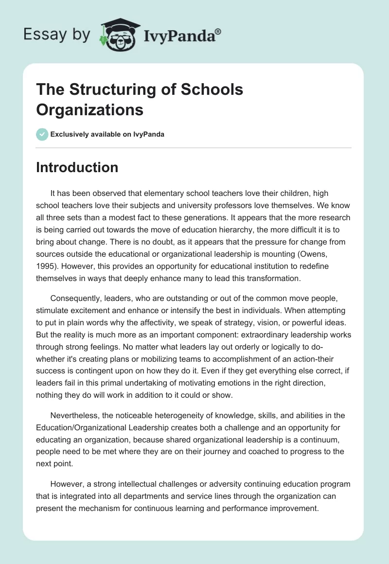 The Structuring of Schools Organizations. Page 1